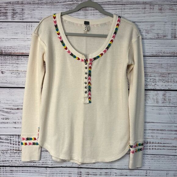 FREE PEOPLE WE THE FREE RAINBOW MULTI HENLEY THERMAL EMBROIDERED WOMEN’S XS - Picture 7 of 14